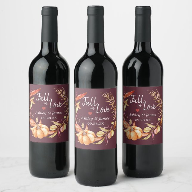 Fall Love Autumn Foliage Burgundy Wedding Monogram Wine Label (Bottles)