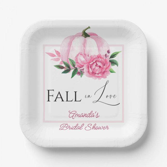 Fall Love Blush Pink Pumpkin Rustic Bridal Shower Paper Plates (Front)