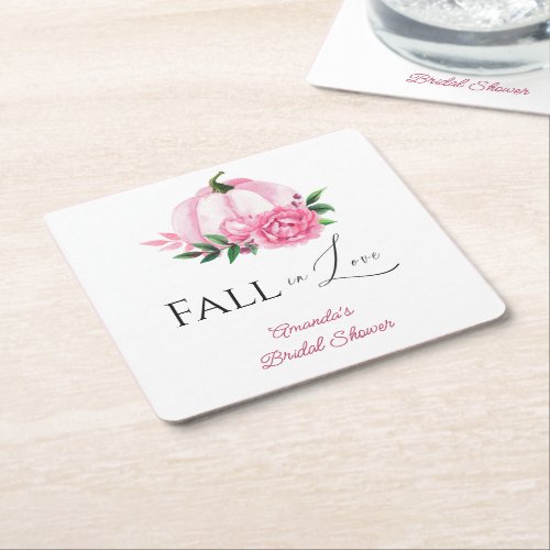 Fall Love Blush Pink Pumpkin Rustic Bridal Shower Square Paper Coaster