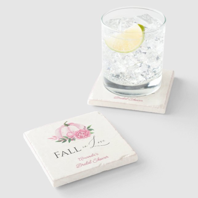 Fall Love Blush Pink Pumpkin Rustic Bridal Shower Stone Coaster (Side)