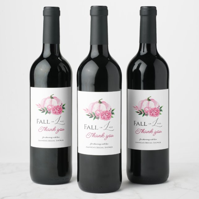 Fall Love Blush Pink Pumpkin Rustic Bridal Shower Wine Label (Bottles)