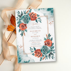 Fall Love Bold Teal Orange Modern Elegant Wedding Invitation