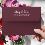 Fall Love Burgundy Wedding Return Address Envelope<br><div class="desc">Chic, modern and simple wedding return address envelope with your names in white elegant handwritten script calligraphy on a deep burgundy background. Simply add your names and address. Exclusively designed for you by Happy Dolphin Studio. This beautiful wedding envelope is part of the 'fall in love' wedding collection in our...</div>