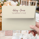Fall Love Burgundy Wedding Return Address Envelope<br><div class="desc">Chic, modern and simple wedding return address envelope with your names in burgundy elegant handwritten script calligraphy on an antique white background. Simply add your names and address. Exclusively designed for you by Happy Dolphin Studio. This beautiful wedding envelope is part of the 'fall in love' wedding collection in our...</div>