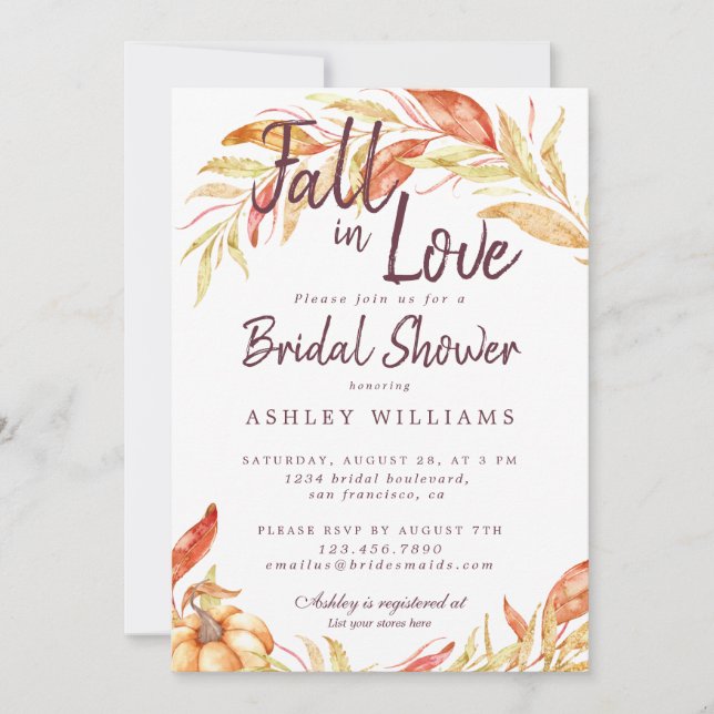 Fall Love Gold Foliage Burgundy Bridal Shower Invitation (Front)