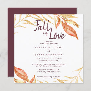 Fall Love Golden Foliage Autumn Burgundy Wedding Invitation