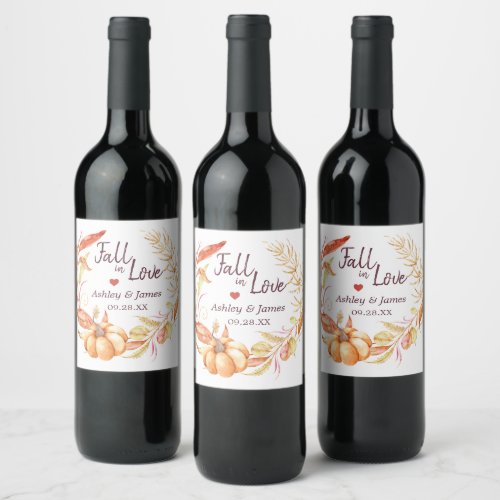 Fall Love Golden Foliage Autumn Wedding Monogram Wine Label