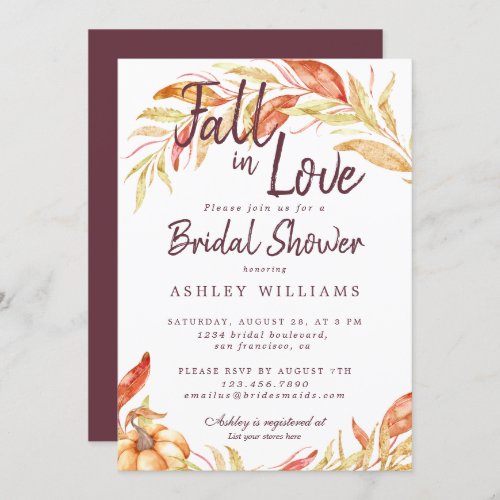 Fall Love Golden Foliage Burgundy Bridal Shower Invitation