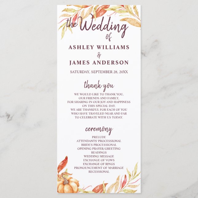Fall Love Golden Foliage Burgundy Wedding Program (Front)
