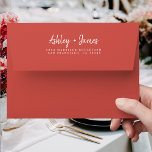 Fall Love Red Wedding Return Address Envelope<br><div class="desc">Chic, modern and simple wedding return address envelope with your names in white elegant handwritten script calligraphy on an autumn red background. Simply add your names and address. Exclusively designed for you by Happy Dolphin Studio. This beautiful wedding envelope is part of the 'fall in love' wedding collection in our...</div>