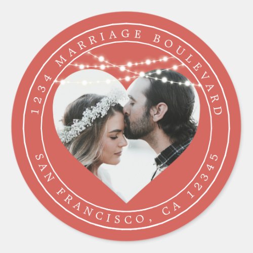 Fall Love Rustic Lights Red Wedding Photo  Classic Round Sticker