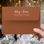 Fall Love TerraCotta Wedding Return Address Envelope<br><div class="desc">Chic, modern and simple wedding return address envelope with your names in white elegant handwritten script calligraphy on a terracotta background. Simply add your names and address. Exclusively designed for you by Happy Dolphin Studio. This beautiful wedding envelope is part of the 'fall in love' wedding collection in our store!...</div>
