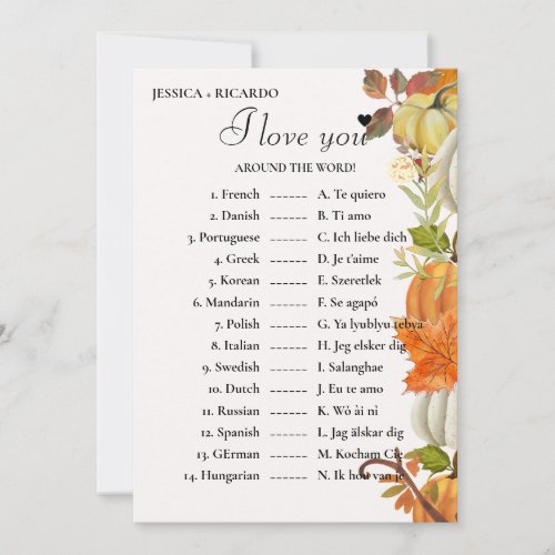Fall love you around the world bridal shower game card