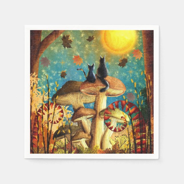 Fall Lovers Cats Forest Mushrooms Stars Night Sky  Napkins (Front)