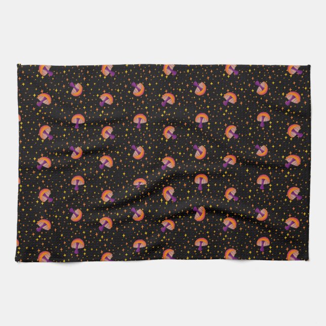 Fall magic mushrooms_black kitchen towel (Horizontal)