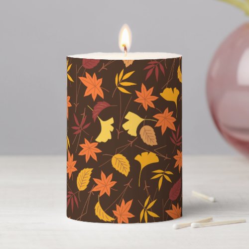 Fall Maple Ginkgo Leaves in Autumn Orange  Brown Pillar Candle