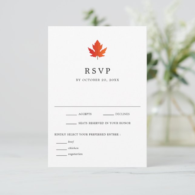 Fall Maple Leaf Black & White Wedding RSVP Card (Standing Front)