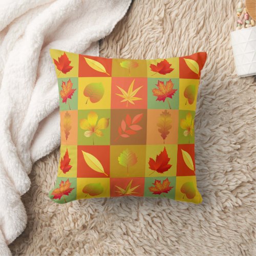 Fall Maple leaf blocked pattern orange yellow red Throw Pillow