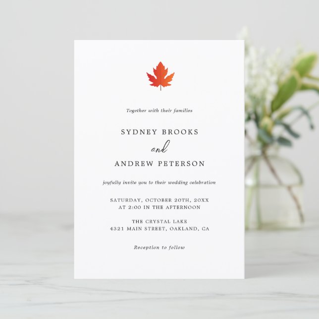 Fall Maple Leaf Modern Minimalist Wedding Invitation (Standing Front)