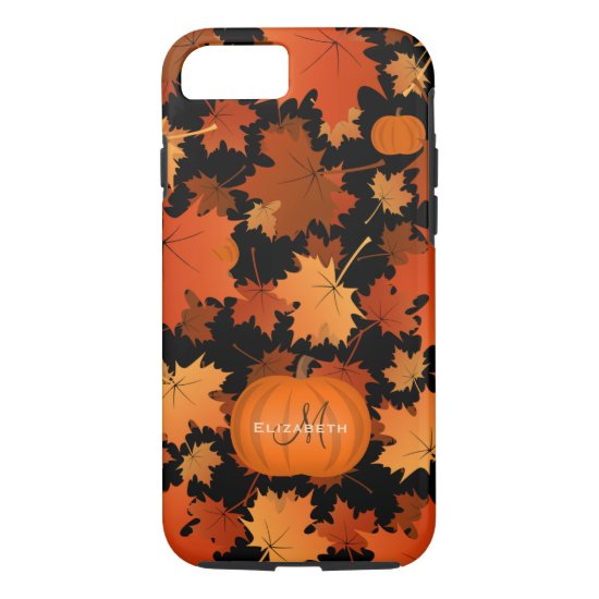 Fall maple leaves and pumpkins name monogram iPhone 8/7 case