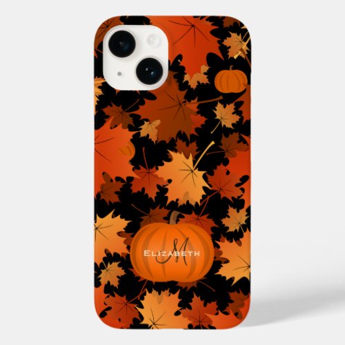 Fall maple leaves and pumpkins name monogram Case_Mate iPhone 14 case
