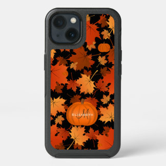Fall maple leaves and pumpkins name monogram iPhone 13 case