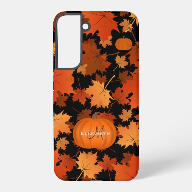 Fall maple leaves and pumpkins name monogram samsung galaxy case (Back)
