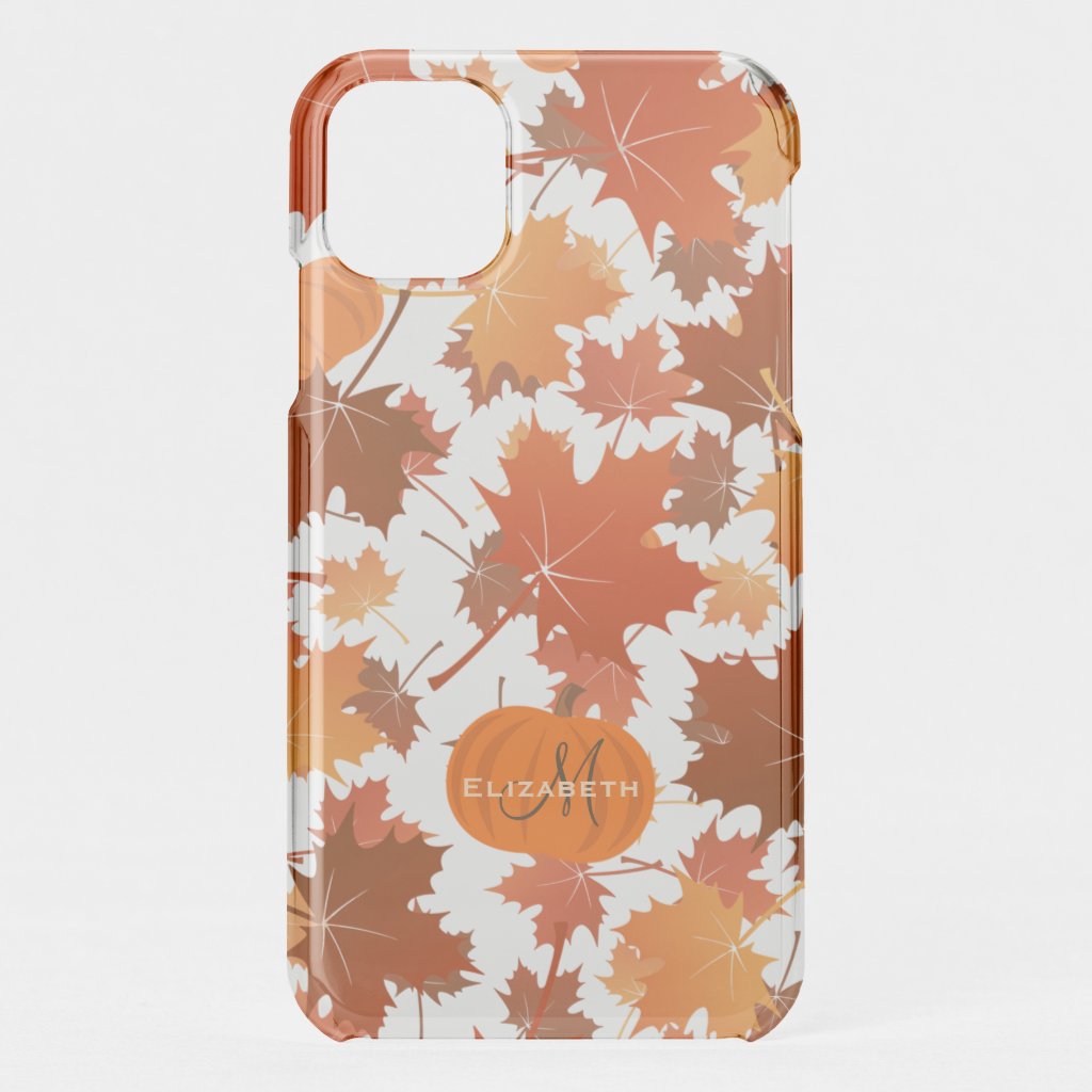 Fall maple leaves and pumpkins name monogram uncommon iPhone case