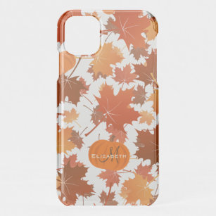 Fall maple leaves and pumpkins name monogram iPhone 11 case