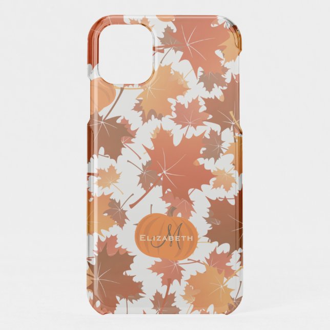 Fall maple leaves and pumpkins name monogram uncommon iPhone case (Back)