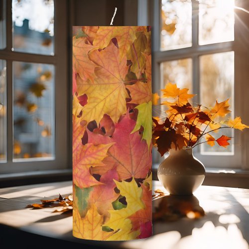 Fall Maple Leaves in Autumn Orange  Red Pillar Candle