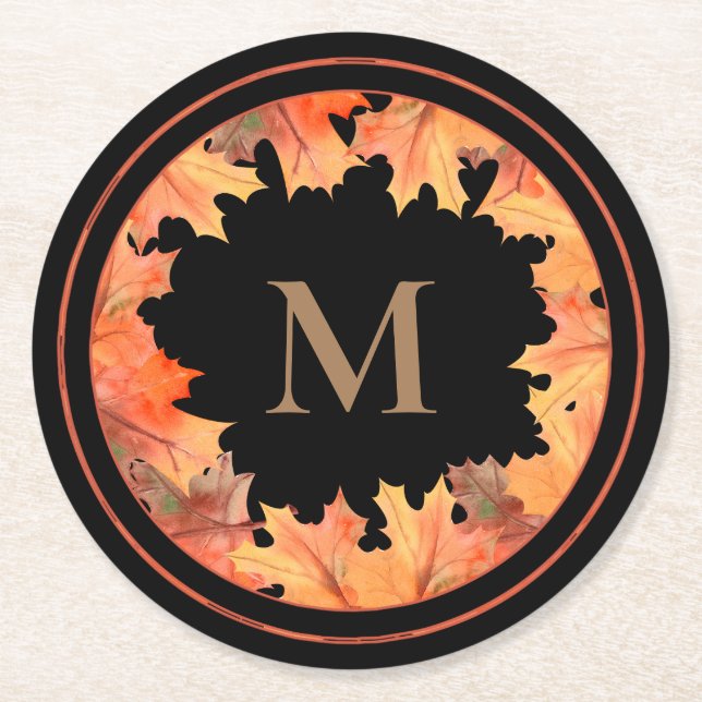 Fall Maple Leaves Monogram Black Round Paper Coaster (Front)