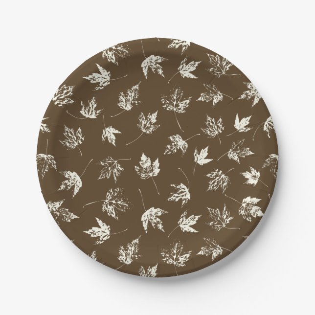 Fall Maple Leaves on brown - seamless pattern. Paper Plates (Front)