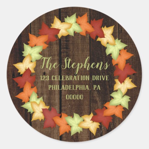 Fall Maple Leaves on Faux Wood Return Address Classic Round Sticker