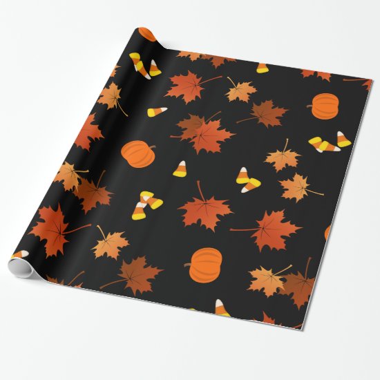 Fall maple leaves pumpkins candy corn pattern wrapping paper