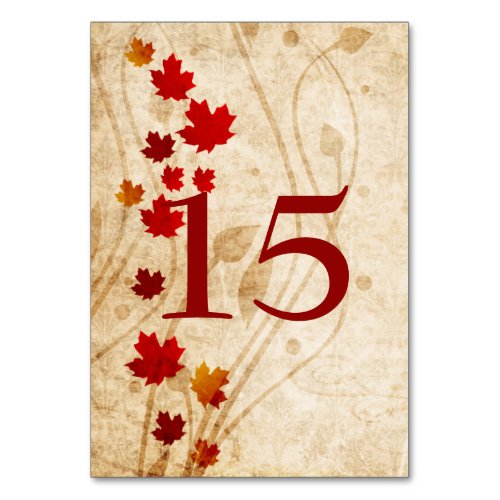 Fall maple leaves rustic wedding table numbers