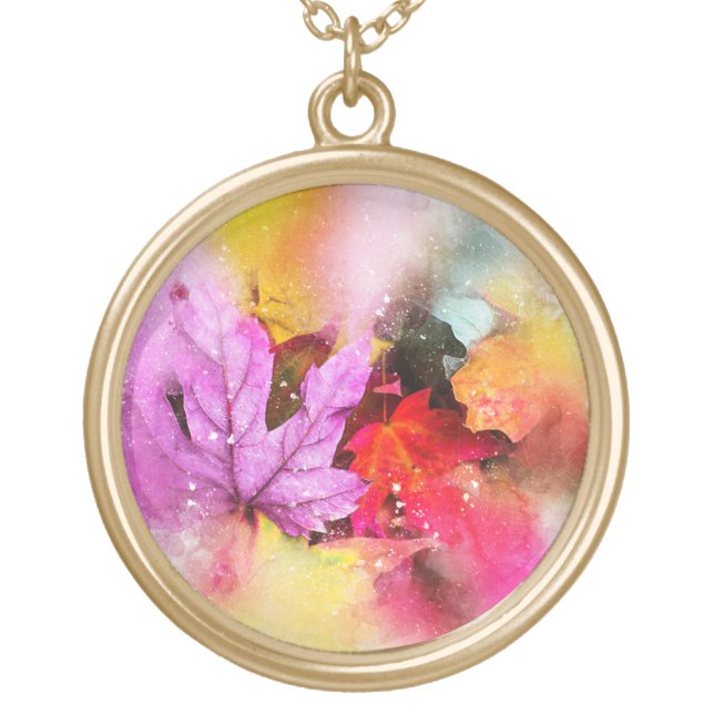 Fall maple leaves watercolor autumn pastel gold plated necklace (Front)