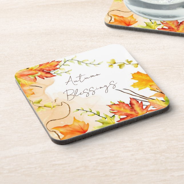 Fall maple leaves with custom text    beverage coaster (Left Side)