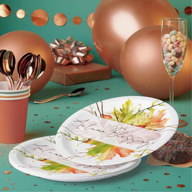 Fall maple leaves with custom text   paper plates (Multi)