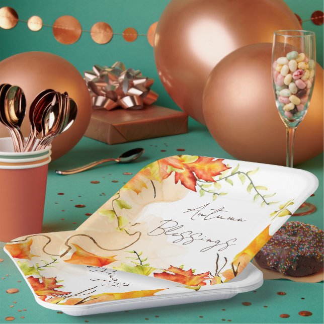 Fall maple leaves with custom text   paper plates (Multi)