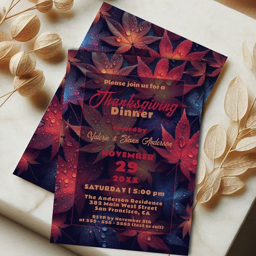 Fall Maple Leaves with Water Droplets Thanksgiving Invitation