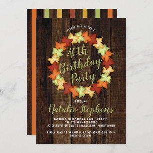 Fall Maple Leaves Wreath Faux Wood Birthday Party Invitation