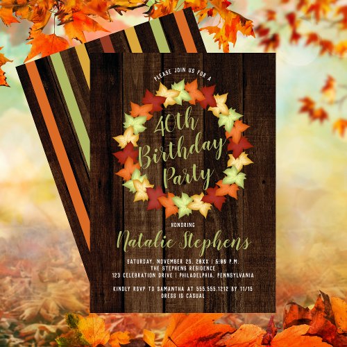 Fall Maple Leaves Wreath Faux Wood Birthday Party Invitation