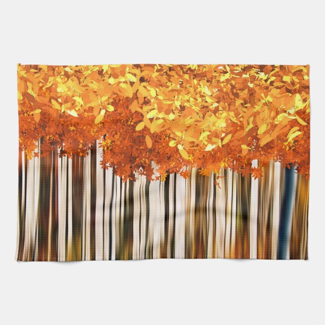 Fall maple tree forest striped orange gray kitchen towel (Horizontal)