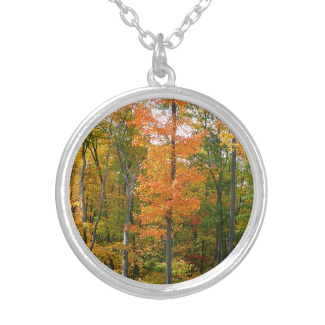 Fall Maple Trees Autumn Nature Photography Silver Plated Necklace (Front)