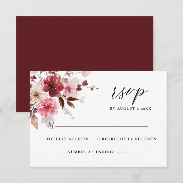 Fall Maroon Blush Rustic Floral Wedding RSVP  Card (Front/Back)