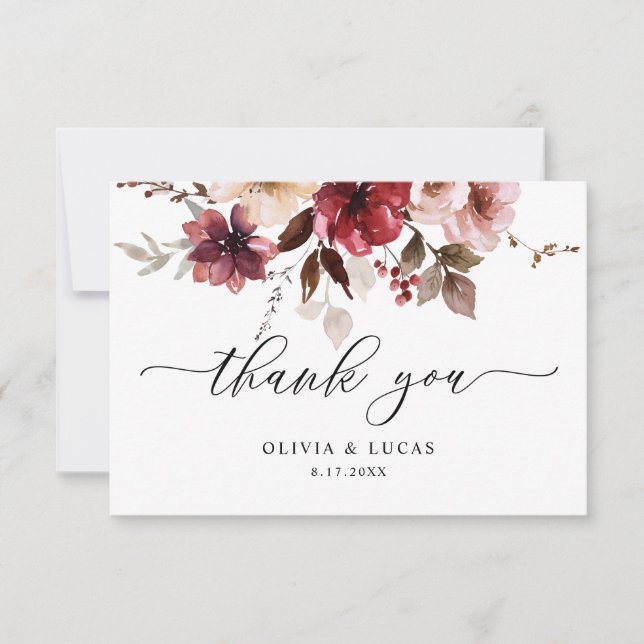 Fall Maroon Floral Dusty Pink Burgundy Wedding Thank You Card (Front)