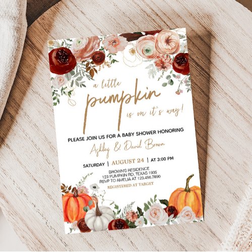 Fall Marsala Burgundy Floral Pumpkin Baby Shower Invitation