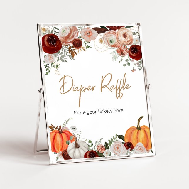 Fall Marsala Burgundy Floral Pumpkin Diaper Raffle Poster (Fall Floral Pumpkin Baby Shower Diaper Raffle Sign)