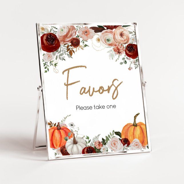 Fall Marsala Burgundy Floral Pumpkin Favors Poster (Fall Floral Pumpkin Baby Shower Favors Sign)